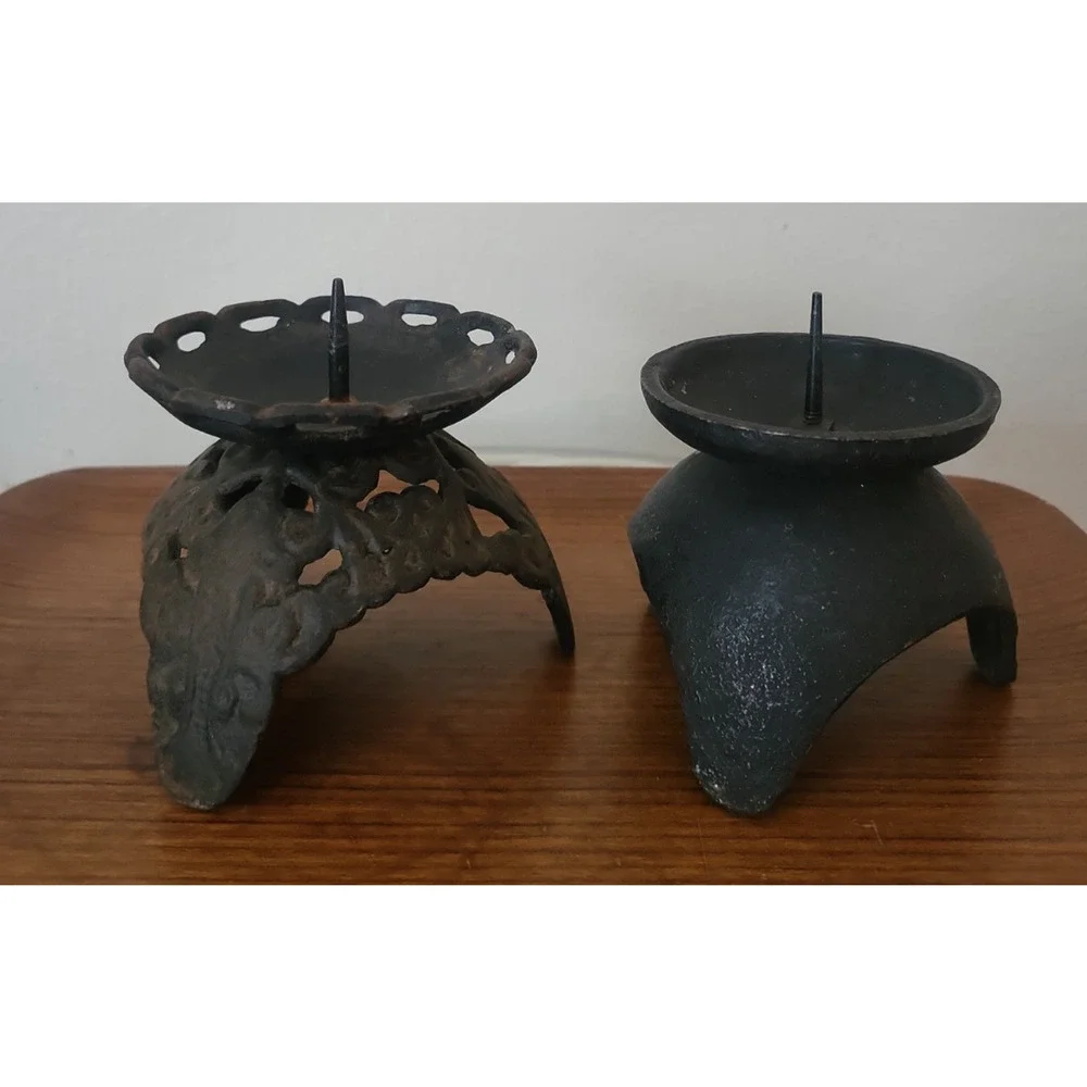 Lot of 2 Vintage Black Cast Iron Candle Holder Mid Century Japan Atomic Tripod